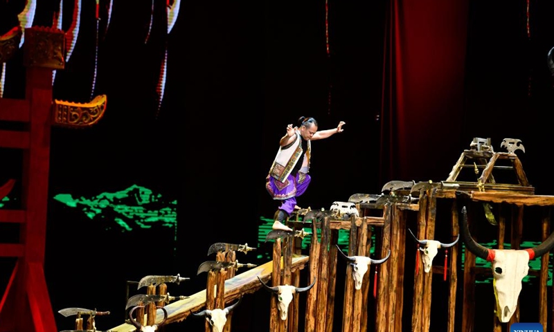 An actor performs in the show Colorful Guizhou Style at Guiyang Grand Theatre in Guiyang, southwest China's Guizhou Province, July 30, 2022. Photo:Xinhua