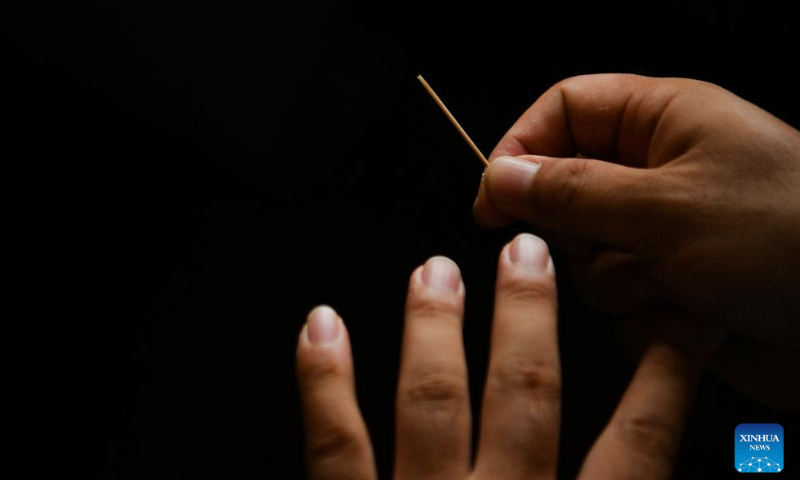 An archeologist shows a needle made of bone excavated from the Shimao ruins, an important prehistoric site in Shenmu City, northwest China's Shaanxi Province, Aug. 6, 2022. Photo: Xinhua