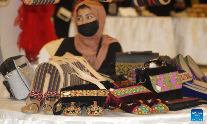 Photo taken on Aug. 2, 2022 shows an exhibition displaying Afghan women's handicrafts in Balkh province, Afghanistan. The two-day exhibition from Tuesday was organized by the Afghan office of International Labor Organization (ILO) in Mazar-I-Sharif, the provincial capital in a bid to support investment and domestic producers in Afghanistan.(Photo: Xinhua)