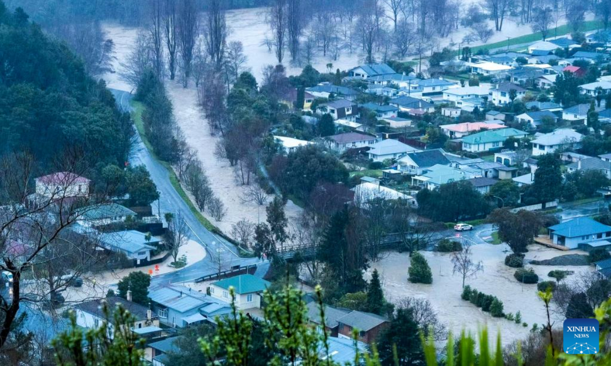 Floodwater cuts off a road in Nelson of South Island, New Zealand, Aug. 19, 2022. More than 400 homes in Nelson of New Zealand's South Island have been evacuated after the region has been hit hard by continued heavy rain, flooding and landslides. Photo:Xinhua