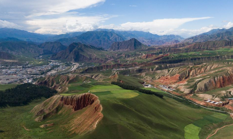 Aerial photo taken on Aug. 10, 2022 shows a scenery of Qilian County in Haibei Tibetan Autonomous Prefecture, northwest China's Qinghai Province. (Xinhua/Zhang Long)