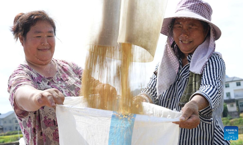 Farmers pack rice in Wangcao Township, Suiyang County of southwest China's Guizhou Province, Aug. 23, 2022. (Xinhua/Yang Ying)