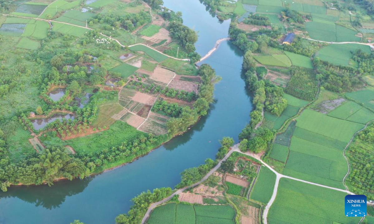 Aerial photo taken on Aug. 24, 2022 shows the scenery along Yulong River in Yangshuo County, Guilin City, south China's Guangxi Zhuang Autonomous Region. Photo:Xinhua