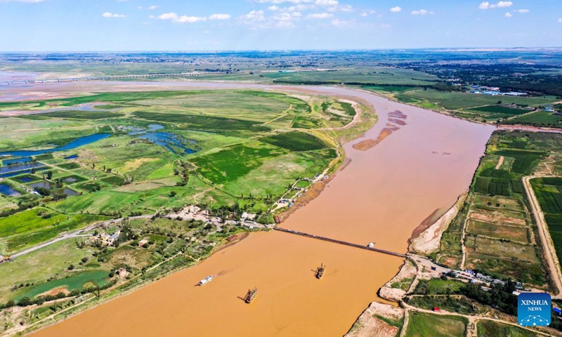 Aerial photo taken on Aug. 16, 2022 shows the Yellow River in Hanggin Banner in Erdos, north China's Inner Mongolia Autonomous Region.Photo:Xinhua