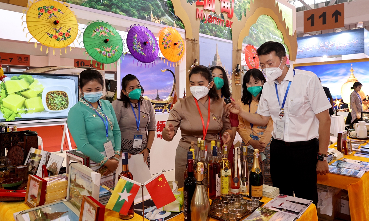 People visit the Myanmar pavilion at the 2022 China International Travel Mart in Kunming, Yunnan Province, on July 23, 2022. Photo: VCG