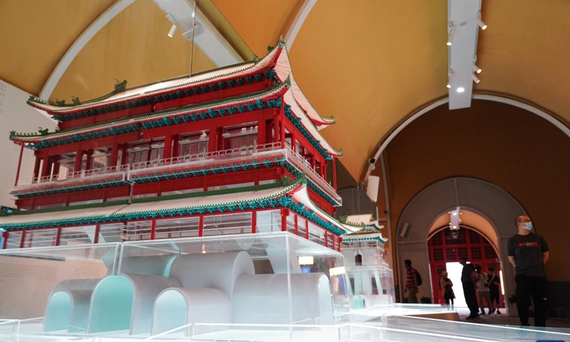 People visit an exhibition at the ground floor of Gulou, a historic drum tower, in Beijing, capital of China, Aug 28, 2022.Photo:Xinhua