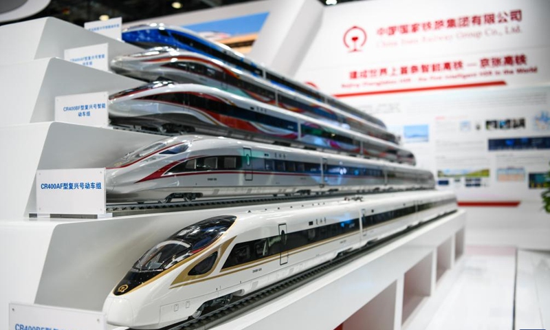 Photo taken on Aug. 28, 2022 shows a railway-themed booth of the 2022 China International Fair for Trade in Services (CIFTIS) at the China National Convention Center in Beijing, capital of China. Photo:Xinhua