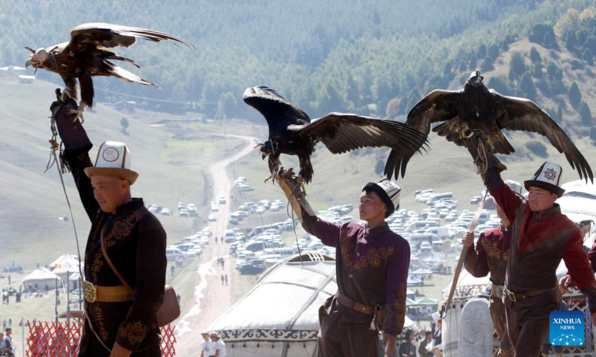 Falcons are seen during the celebration for the 31st anniversary of the independence of Kyrgyzstan in outskirts of Bishkek, Kyrgyzstan, Aug. 31, 2022. Photo:Xinhua