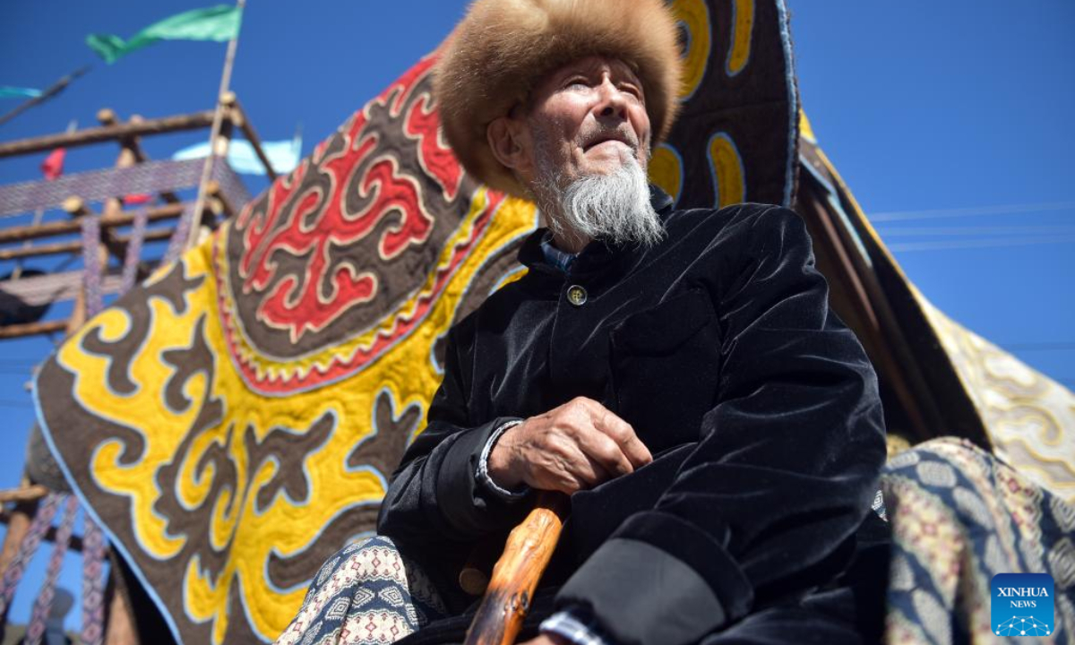 An elder in traditional costume is seen during the celebration for the 31st anniversary of the independence of Kyrgyzstan in outskirts of Bishkek, Kyrgyzstan, Aug. 31, 2022. Photo:Xinhua