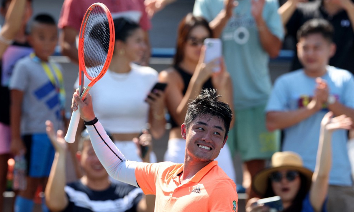 Wu Yibing of China celebrates after defeating Nikoloz Basilashvili of Georgia at USTA Billie Jean King National Tennis Center in New York City on August 29, 2022. Photo: AFP