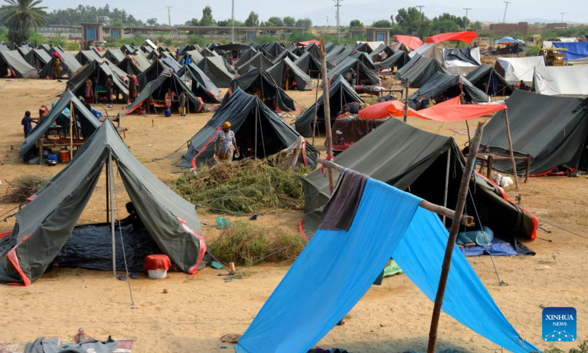 Tents of flood-affected people are seen in Jamshoro district, Sindh province, Pakistan, Sept. 15, 2022. At least 22 people were killed and nine others injured in heavy monsoon rain-triggered flash floods in the last 24 hours in Pakistan, the National Disaster Management Authority (NDMA) said. Photo:Xinhua