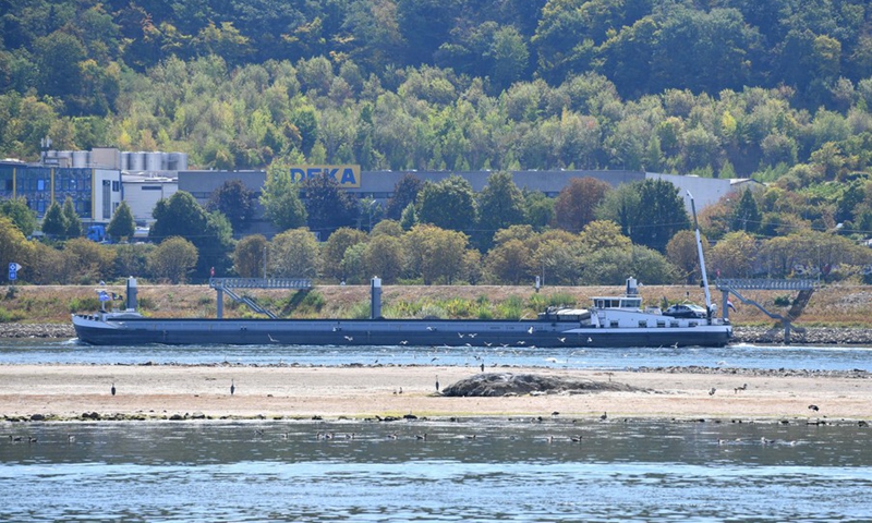 A cargo ship sails on River Rhine in Ruedesheim, Germany, Aug. 16, 2022.(Photo: Xinhua)