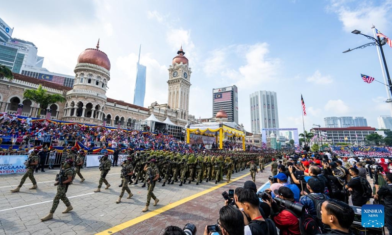 A military parade is staged during the main celebration event of the National Day at the historical Dataran Merdeka, or Independence Square, in Kuala Lumpur, Malaysia, Aug. 31, 2022.(Photo: Xinhua)