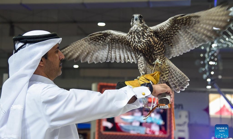 An exhibitor shows a falcon during the sixth edition of Katara International Hunting and Falcons Exhibition 2022 at Katara Cultural Village in Doha, Qatar, Sept. 5, 2022. The Hunting and Falcons Exhibition is held here from Sept. 5 to 10, with the participation of more than 180 companies from 20 countries.(Photo: Xinhua)