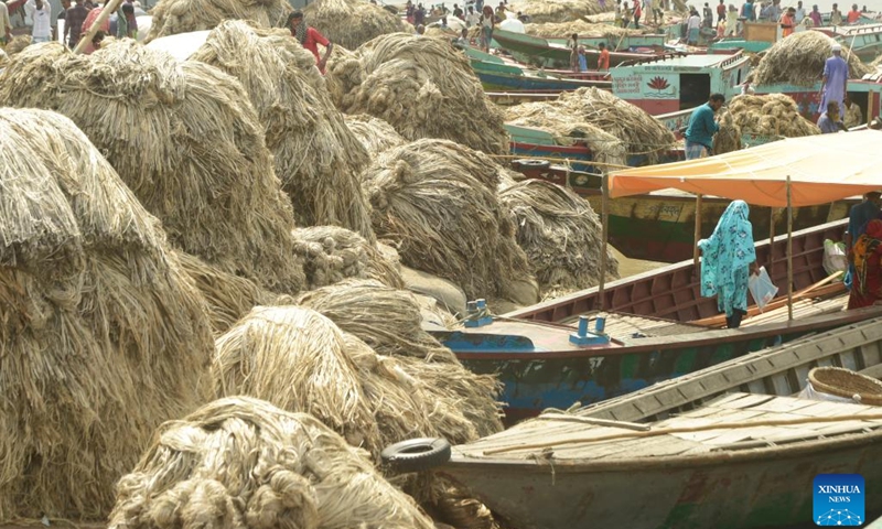 Photo taken on Sept. 2, 2022 shows a jute market at a ferry terminal in Munshiganj, Bangladesh.(Photo: Xinhua)