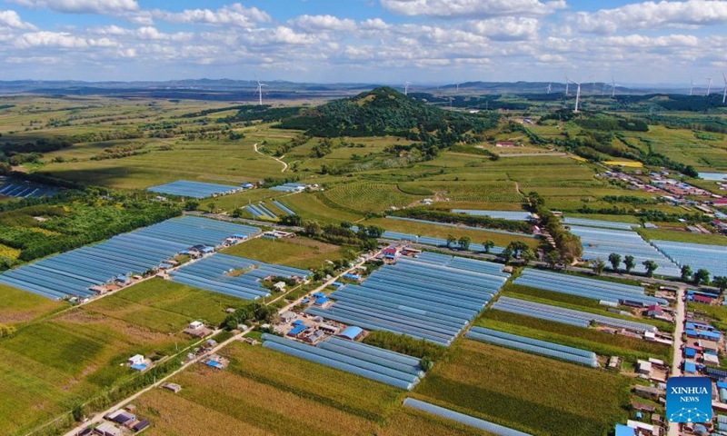 Aerial photo taken on Sept. 6, 2022 shows grape greenhouses in Dingjiafang Town of Faku County in Shenyang, northeast China's Liaoning Province. More than 3,500 mu (about 233 hectares) of grapes in Dingjiafang Town have entered the harvest season recently. (Xinhua/Yang Qing)