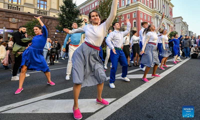 Artists perform during Moscow City Day celebrations in Moscow, Russia, Sept. 10, 2022.Photo:Xinhua