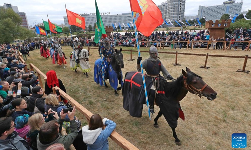 People dressed as knights take part in Minsk City Day celebrations in Minsk, Belarus, Sept. 10, 2022. Minsk City Day was celebrated on Sept. 10-11 to mark the city's 955th anniversary.Photo:Xinhua