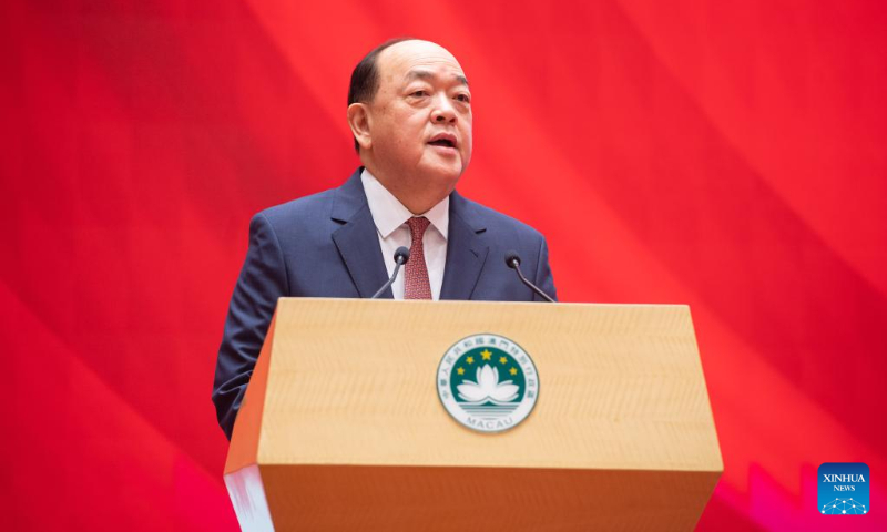 Ho Iat Seng, chief executive of China's Macao Special Administrative Region (SAR), addresses a reception celebrating the 73rd anniversary of the founding of the People's Republic of China, in Macao, south China, Oct. 1, 2022. (Xinhua/Cheong Kam Ka)