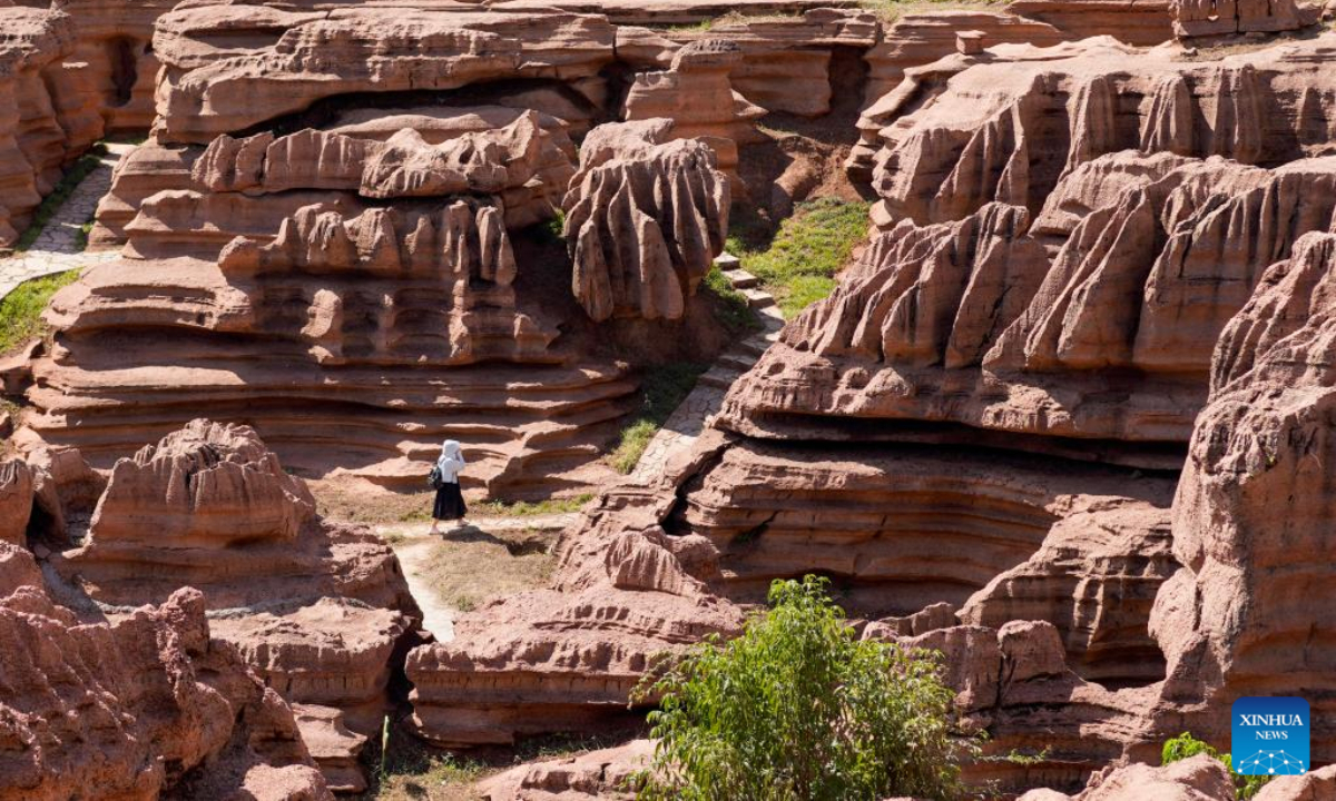 A tourist visits a red stone forest geopark in Youyang Tujia and Miao Autonomous County, southwest China's Chongqing Municipality, Oct. 3, 2022. The Youyang red stone forest geopark, which has the karst landform, opened to the public during the National Day holiday. Photo:Xinhua