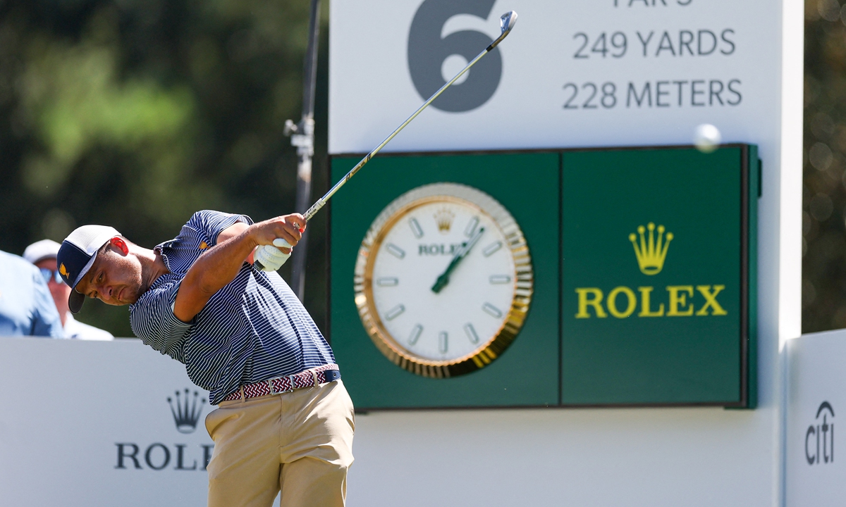 Xander Schauffele of the US Team plays his shot from the sixth tee during a practice round prior to the 2022 Presidents Cup at Quail Hollow Country Club in Charlotte, North Carolina on September 21, 2022. Photo: AFP