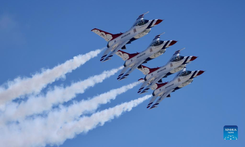 Photo taken on Oct. 1, 2022 shows a view of the Pacific Airshow at Huntington Beach, California, the United States. The Pacific Airshow, one of the largest airshows in the United States, returned to the skies over Southern California this weekend, featuring demonstrations by military aviators and civilian performers. (Xinhua)