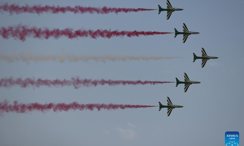 Aircrafts from the Saudi Hawks aerobatic display team perform during an air show to celebrate Saudi Arabia's National Day in Riyadh, Saudi Arabia, on Sept. 22, 2022.(Photo: Xinhua)