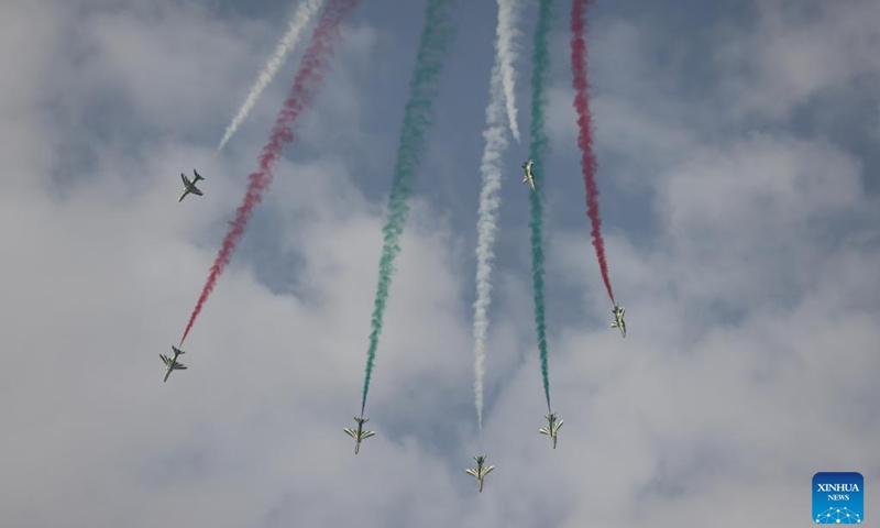 Aircrafts from the Saudi Hawks aerobatic display team perform during an air show to celebrate Saudi Arabia's National Day in Riyadh, Saudi Arabia, on Sept. 22, 2022.(Photo: Xinhua)