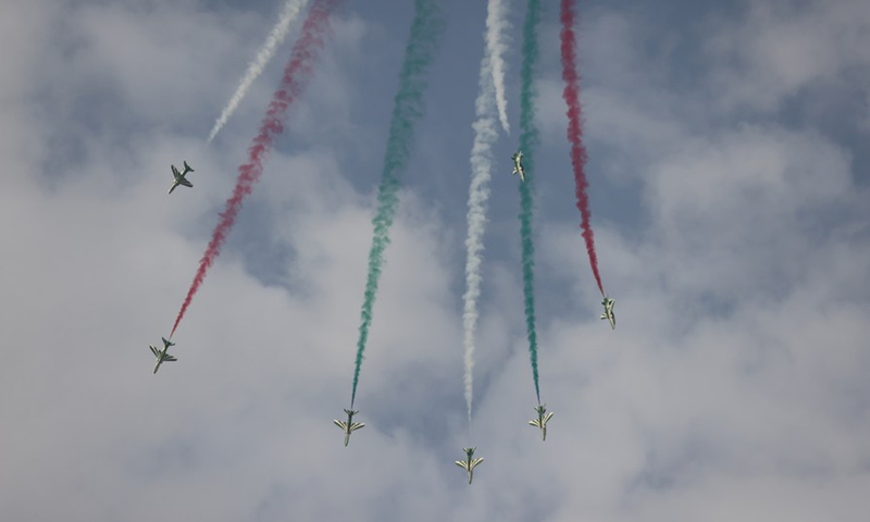 Aircraft from the Saudi Hawks aerobatic display team perform during an air show to celebrate Saudi Arabia's National Day in Riyadh, Saudi Arabia, on Sept. 22, 2022.Photo:Xinhua