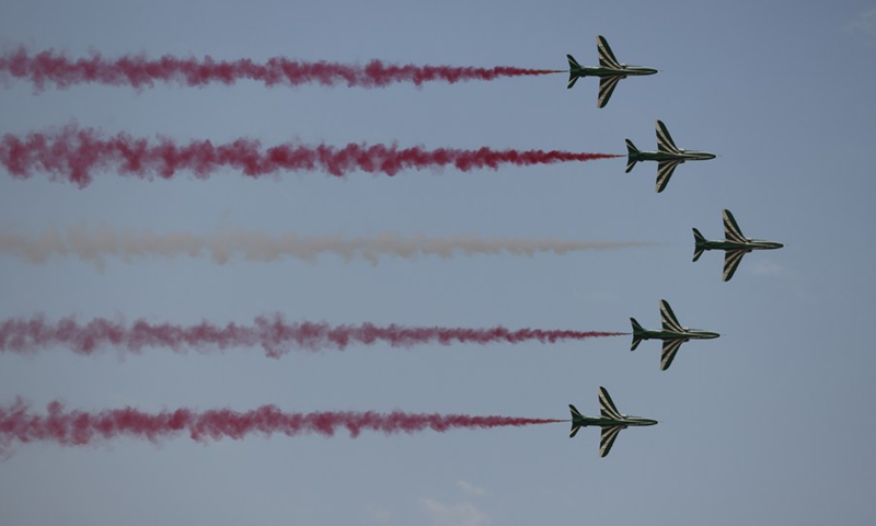 Aircraft from the Saudi Hawks aerobatic display team perform during an air show to celebrate Saudi Arabia's National Day in Riyadh, Saudi Arabia, on Sept. 22, 2022.Photo:Xinhua