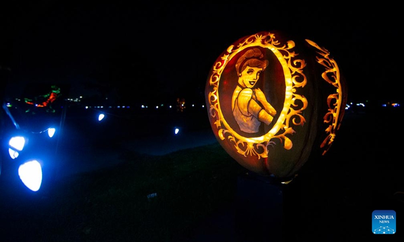 A handcrafted pumpkin carving is seen during the 2022 Pumpkins After Dark event in Milton, Ontario, Canada, on Sept. 23, 2022.Photo:Xinhua