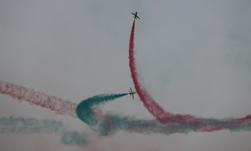 Aircraft from the Saudi Hawks aerobatic display team perform during an air show to celebrate Saudi Arabia's National Day in Riyadh, Saudi Arabia, on Sept. 22, 2022.Photo:Xinhua