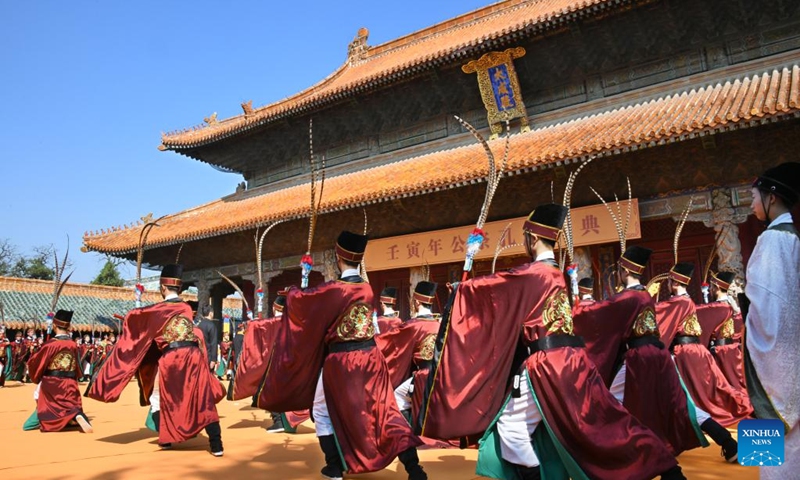 A ceremony marking the 2,573rd birth anniversary of Confucius is held at Confucius Temple in Qufu, east China's Shandong Province, Sept. 28, 2022. An educator and philosopher, Confucius (551-479 B.C.), who founded a school of thought known as Confucianism, profoundly influenced later generations of Chinese society. He was also the first to set up private schools in China that enrolled students from different social classes.(Photo: Xinhua)