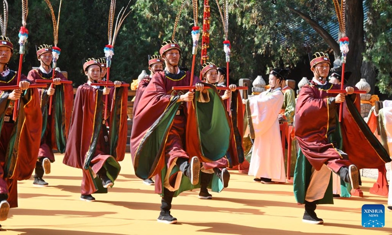 A ceremony marking the 2,573rd birth anniversary of Confucius is held at Confucius Temple in Qufu, east China's Shandong Province, Sept. 28, 2022. An educator and philosopher, Confucius (551-479 B.C.), who founded a school of thought known as Confucianism, profoundly influenced later generations of Chinese society. He was also the first to set up private schools in China that enrolled students from different social classes.(Photo: Xinhua)