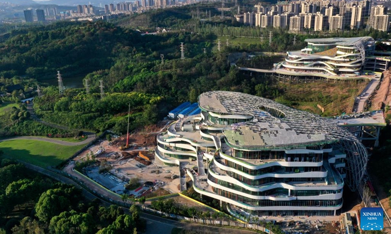 Aerial photo taken on Sept. 29, 2022 shows the construction site of a youth activity center in southwest China's Chongqing Municipality. The construction of a youth activity center, covering an area of about 150 mu (10 hectares), went smoothly in Chongqing. (Xinhua/Wang Quanchao)