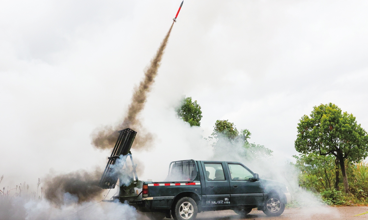 Authorities of Ruichang in East China's Jiangxi Province conducts artificial rainfall operations on October 7, 2022 to combat the lack of rain since early July. During China's National Day holidays, the Meteorological Bureau launched 13 rocket shells into the sky for cloud seeding. Photo: VCG