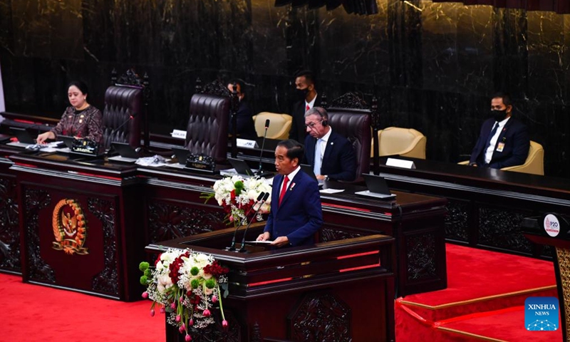 Indonesian President Joko Widodo (front) speaks during the opening ceremony of the 8th G20 Parliamentary Speakers' Summit in Jakarta, Indonesia, on Oct. 6, 2022.Photo:Xinhua