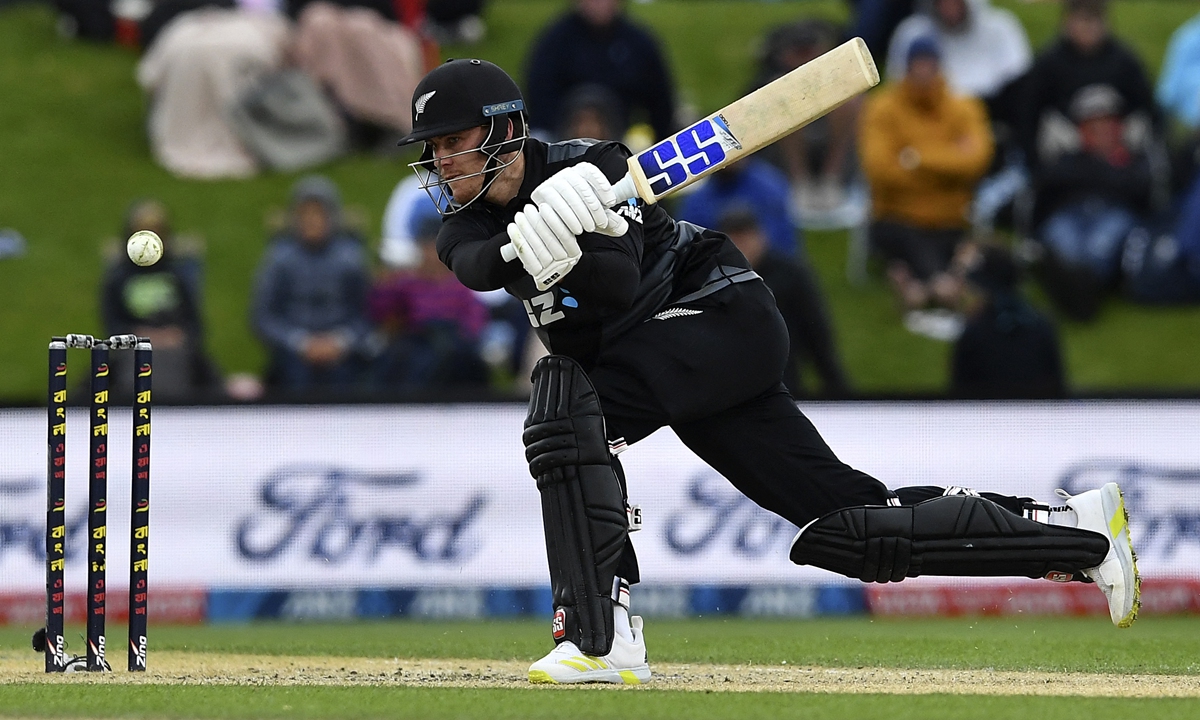 New Zealand's Finn Allen plays a shot during the fourth cricket match between New Zealand and Pakistan of the Twenty20 tri-series at Hagley Oval in Christchurch, New Zealand on October 11, 2022. Photo: AFP