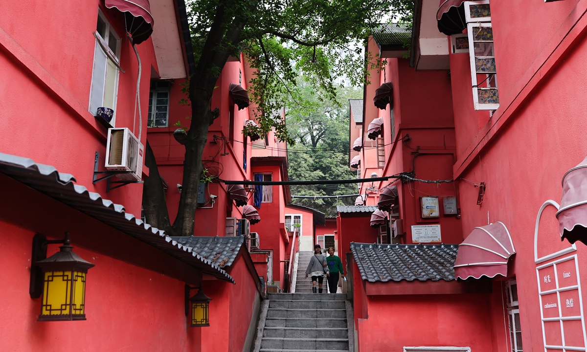 Old residential buildings in Southwest China's Chongqing Municipality are painted in red as a 