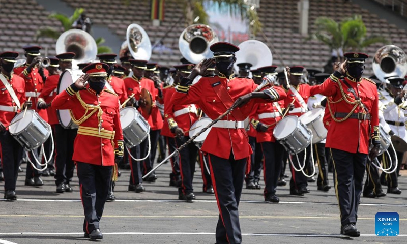 A military band performs during a celebration of the 60th anniversary of independence at the Kololo independence grounds in Kampala, Uganda, on Oct. 9, 2022.(Photo: Xinhua)