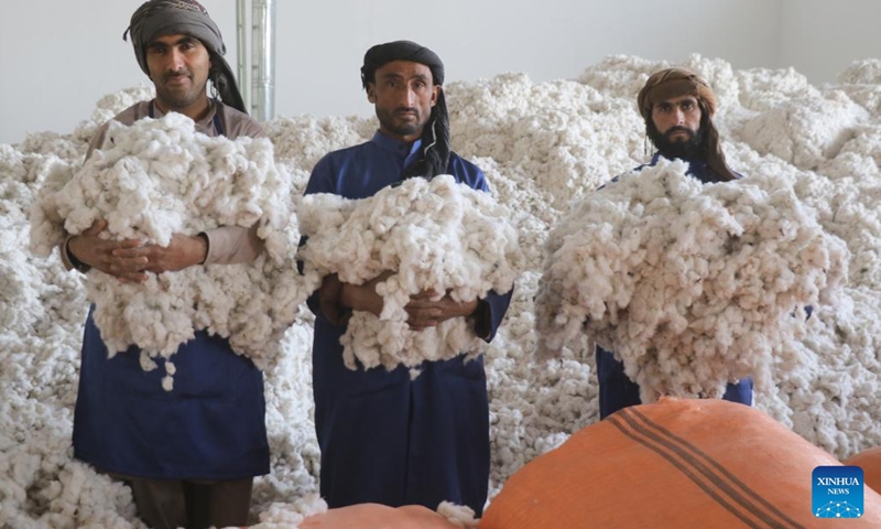 Photo taken on Oct. 10, 2022 shows workers presenting cotton at a cotton processing plant in Balkh province, Afghanistan. A cotton processing plant at a cost of 2 million U.S. dollars has been inaugurated in Mazar-i-Sharif city, the capital of northern Balkh province, the state-run Bakhtar news agency reported.(Photo: Xinhua)