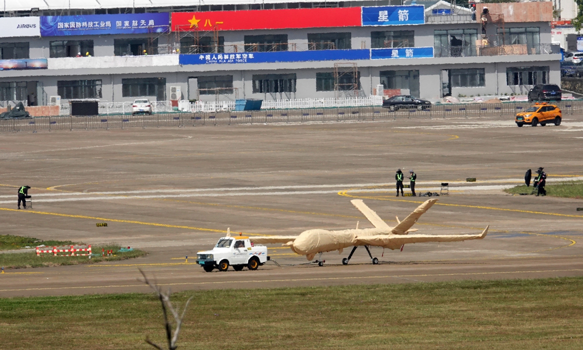 A tightly wrapped drone arrives at an airport in Zhuhai, South China's Guangdong Province, to be on exhibition at the upcoming Airshow China 2022 which lasts from November 8-13. Photo: VCG