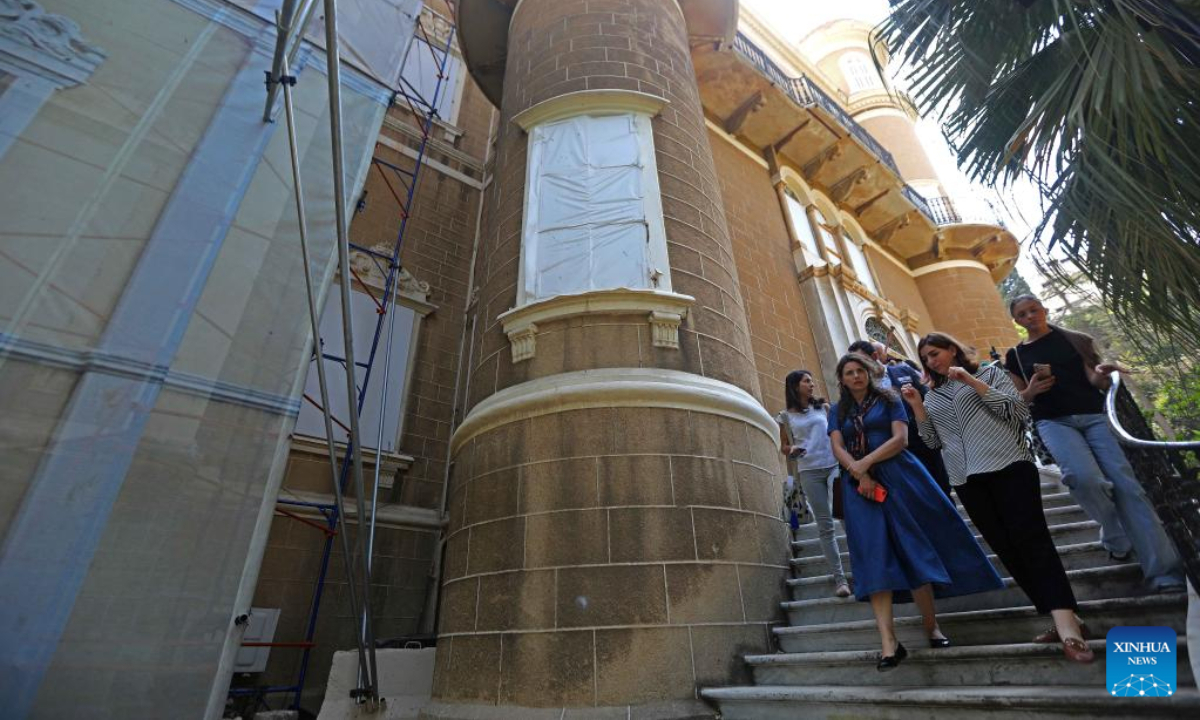 Picture shows the rehabilitation work at the Sursock Palace in Beirut, Lebanon, on Oct 13, 2022. The United Nations Educational, Scientific and Cultural Organization (UNESCO) on Thursday announced that it has reached an agreement with the Swiss government and the Sursock Palace Association to finance the rehabilitation of the Sursock Palace, an iconic building damaged by the Beirut port blasts two years ago. Photo:Xinhua