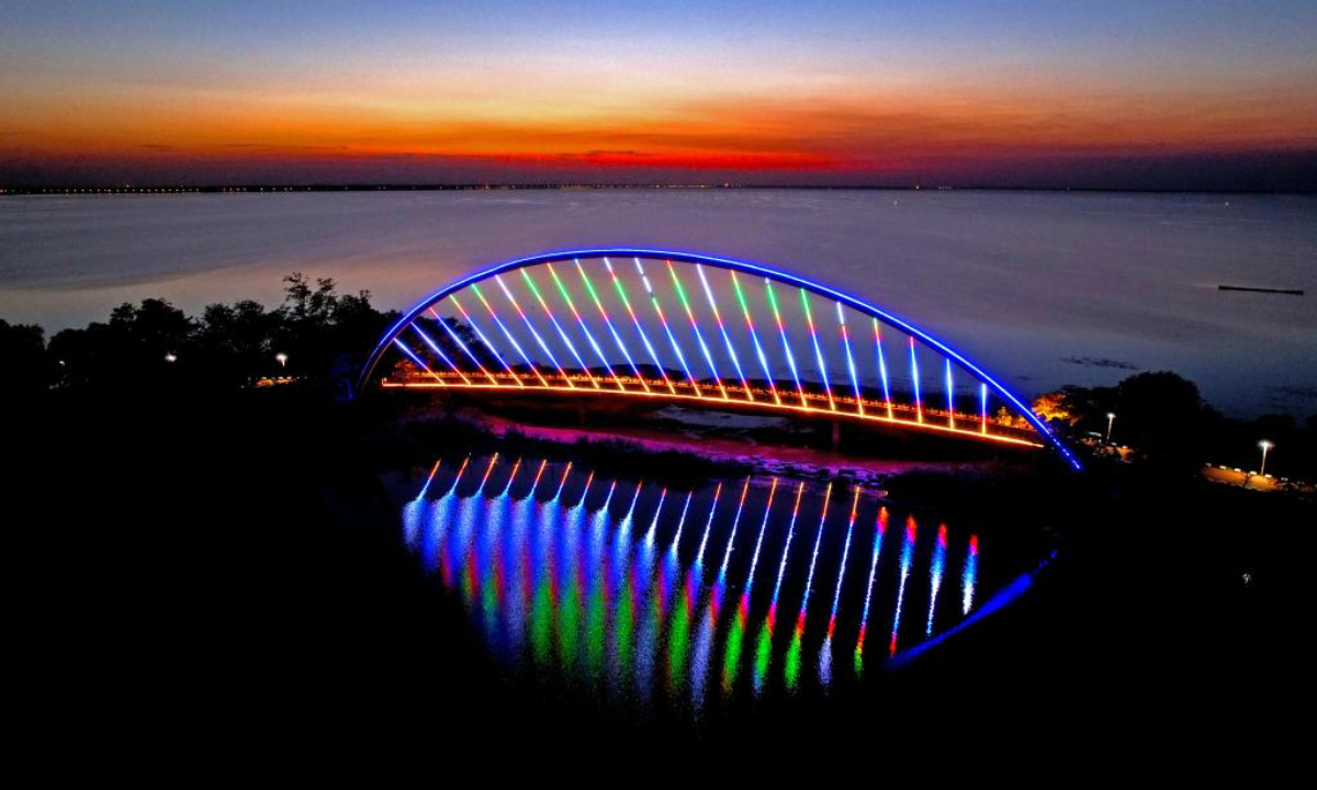 Aerial photo taken on Sep 26, 2022 shows the sunset scenery of the Luoma Lake in Suqian City, east China's Jiangsu Province. Photo:Xinhua