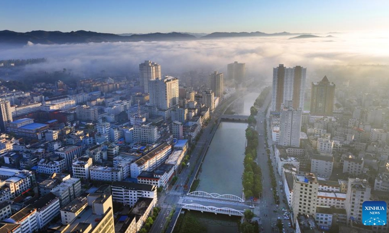 Aerial photo taken on Oct. 11, 2022 shows the Luonan County in the morning light in northwest China's Shaanxi Province.(Photo: Xinhua)