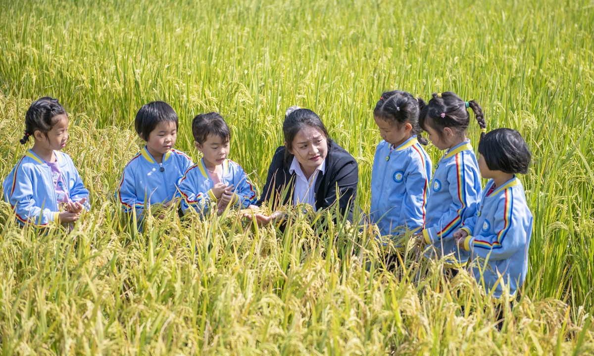 A teacher introduces food crops to children from a kindergarten in Ningyuan county, Central China's Hunan Province on October 16, 2022, World Food Day. The kindergarten held activities to help children learn how to cherish food and cultivate their consciousness of conservation. Photo: VCG