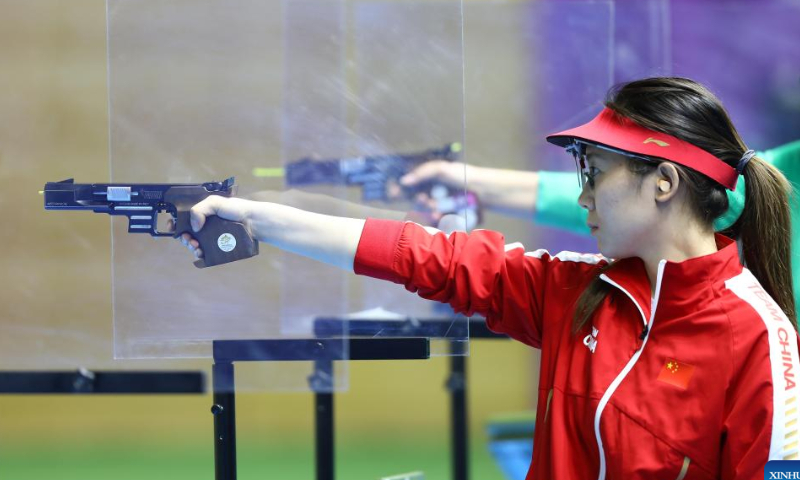 Chen Yan of China competes during the women's 25m pistol medal match at the ISSF World Championship Rifle/Pistol in Cairo, Egypt, Oct. 22, 2022. Photo: Xinhua