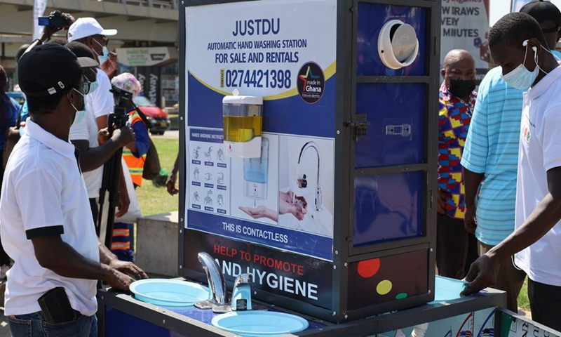 Photo taken on Oct. 15, 2021, shows handwashing facilities in Accra, Ghana.Photo:Xinhua