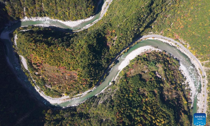 This aerial photo taken on Oct. 18, 2022 shows the autumn scenery of Qinling Mountains in Zhouzhi County, northwest China's Shaanxi Province. In recent years, Shaanxi has made great efforts in ecological restoration and protection of Qinling Mountains, with the population of protected animals like crested ibises growing and ecotourism as well as other green industries booming.(Photo: Xinhua)