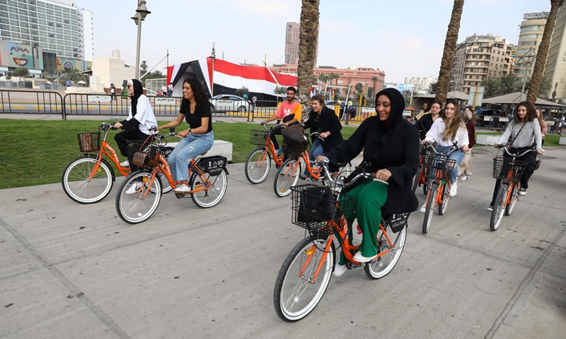 People ride bikes after the inauguration of the first bike-sharing project in the Egyptian capital Cairo on Oct. 20, 2022.(Photo: Xinhua)